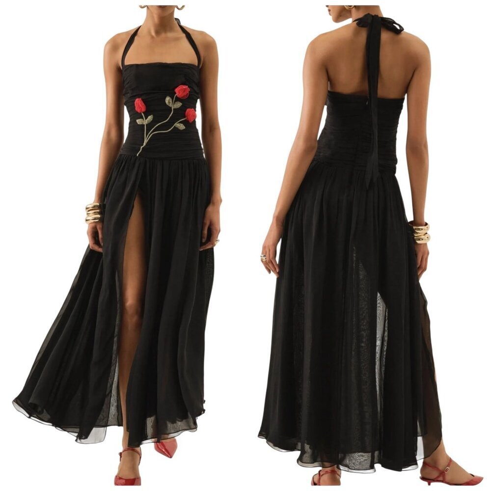 For Love & Lemons Ophelie Organza Maxi Dress NWT Black Floral Halter L - Picture 1 of 7
